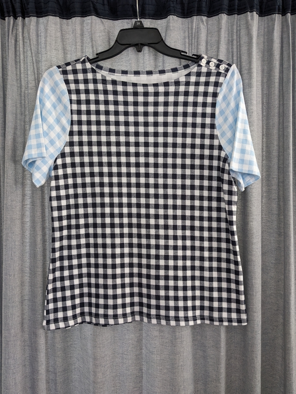 Charter Club Top Womens L Short Sleeve Blue Plaid Pima Cotton Twee Spring Summer